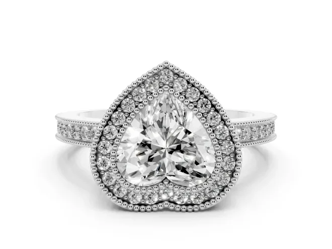 Heart Cut Diamond Round Halo Ring Set in Silver with Pavé Band