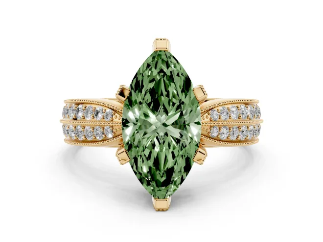 Marquise Milgrain Solitaire Engagement Ring Setting for a Fancy Green Lab-Grown Diamond | Hidden Halo | Yellow Gold