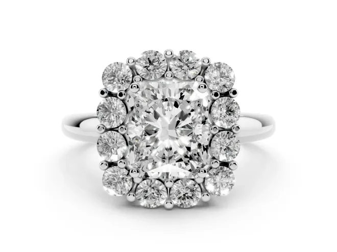Radiant Cut Diamond Halo Cluster Engagement Ring Set in White gold with Polished Band and Prong Setting