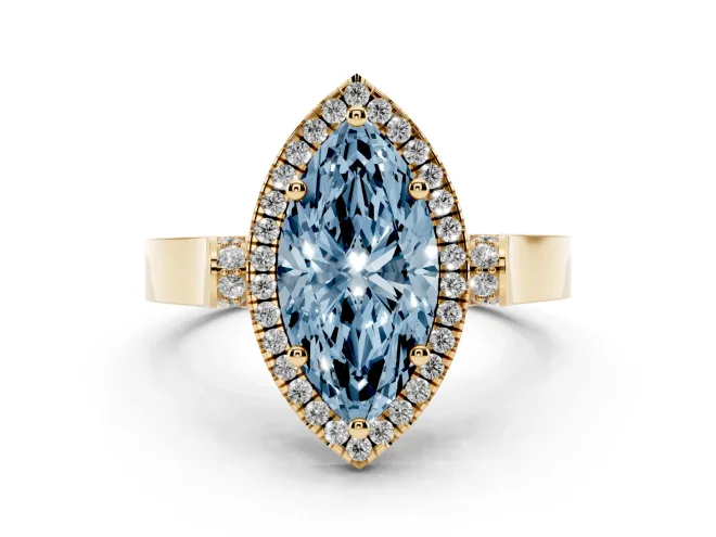 Marquise Halo Engagement Ring Setting for a Fancy Blue Lab-Grown Diamond | Pavé Panel Shoulders | Yellow Gold