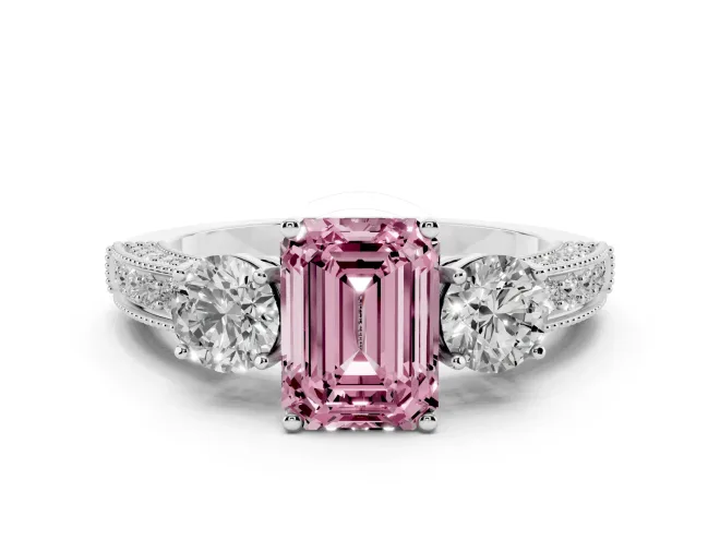 Fancy Pink Emerald Cut Diamond Three-Stone Ring Set in Silver with Round Side Stones and Pavé Band
