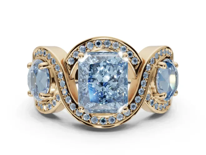 Radiant Cut Three Stone Halo Engagement Ring Setting for a Fancy Blue Lab-Grown Diamond | Pavé Wave Band | Yellow Gold