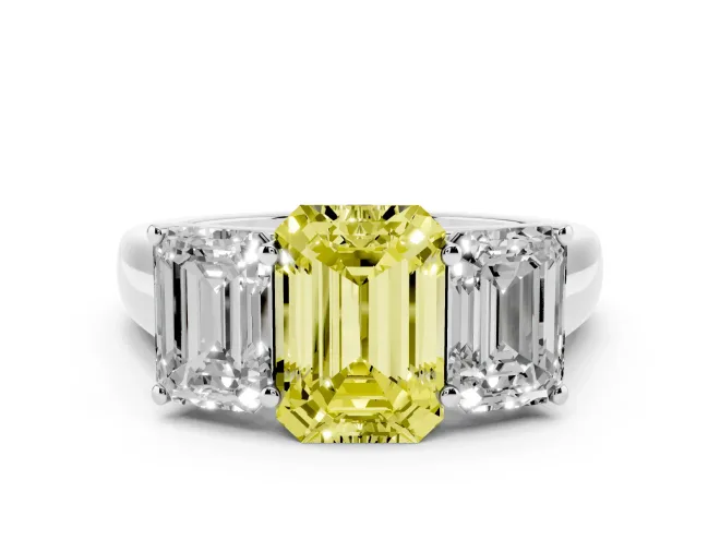 Fancy Yellow Emerald Cut Diamond Three-Stone Ring Set in Silver with Plain Polished Band