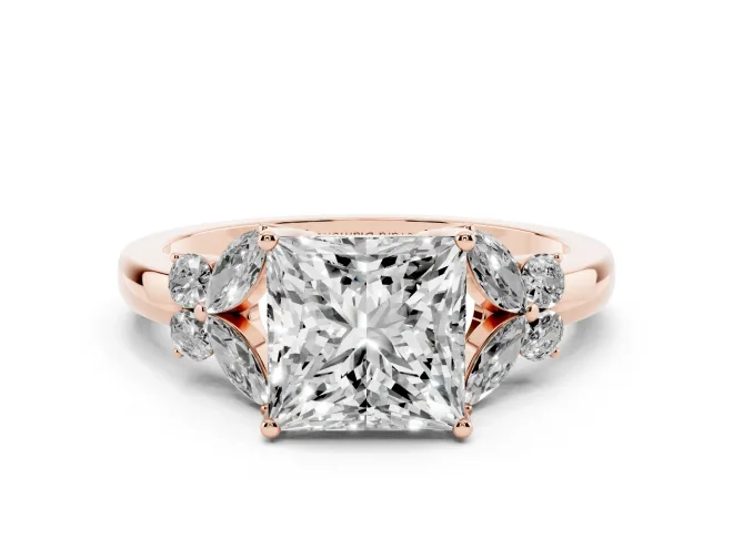 Princess Cut Diamond Solitaire Floral Ring Set in Rose gold with Marquise Petals and Prong Setting