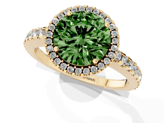 Fancy Green Round Cut Diamond Halo Ring Set in Yellow gold with Pavé Shoulders and Halo-Framed Center – second view