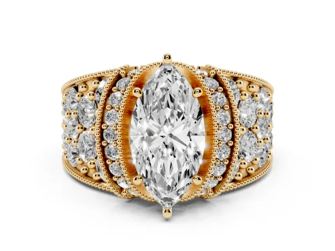 Marquise Cut Diamond Milgrain Halo Pavé Engagement Ring Set in Yellow gold with Prong Setting