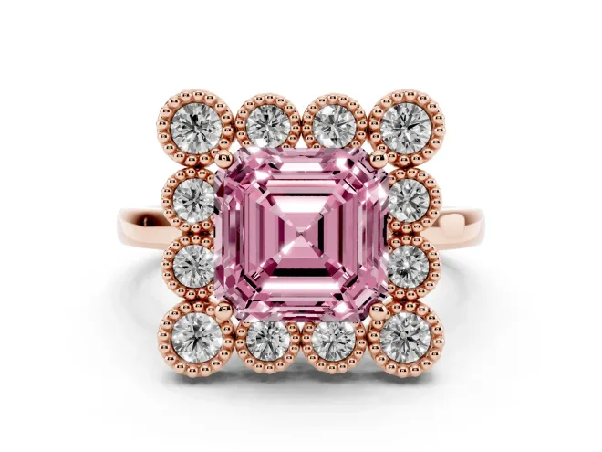 Asscher Cut Milgrain Cluster Halo Engagement Ring Setting for a Fancy Pink Lab-Grown Diamond | Plain Band | Rose Gold