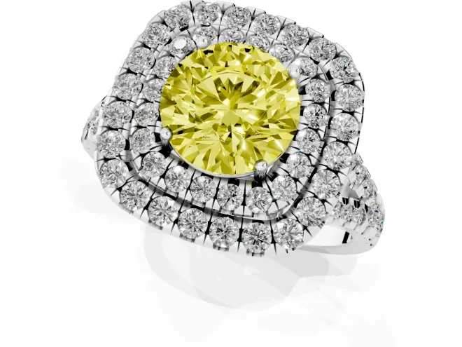 Fancy Yellow Round Cut Diamond Double Halo Ring Set in Silver with Pavé Split Shank and Prong Setting – second view