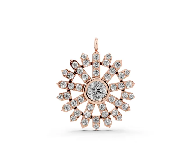 Round Lab-Grown Diamond Bezel Snowflake Pendant Necklace | Pavé Arms | Rose Gold