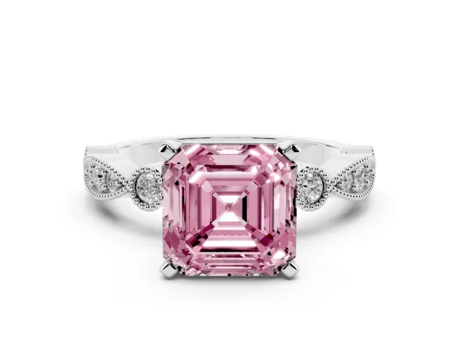Fancy Pink Asscher Cut Diamond Solitaire Engagement Ring Set in Silver with Milgrain Bezel Accent Band