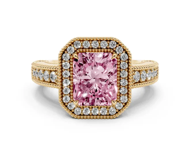Radiant Cut Milgrain Halo Engagement Ring Setting for a Fancy Pink Lab-Grown Diamond | Carved Leaf Detail | Yellow Gold