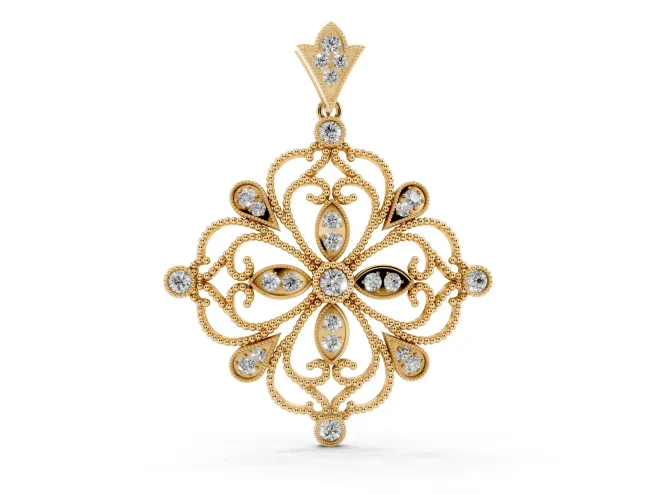 Round Lab-Grown Diamond Vintage Floral Scrollwork Pendant Necklace | Milgrain Edges | Yellow Gold