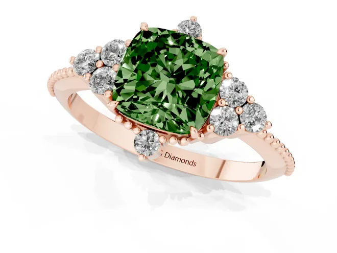Fancy Green Cushion Cut Diamond Cluster Ring Set in Rose gold with Beaded Band – second view