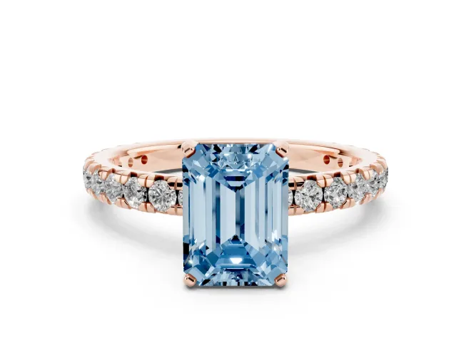 Fancy Blue Emerald Cut Diamond Pavé Solitaire Ring Set in Rose gold with Round Band and Prong Setting