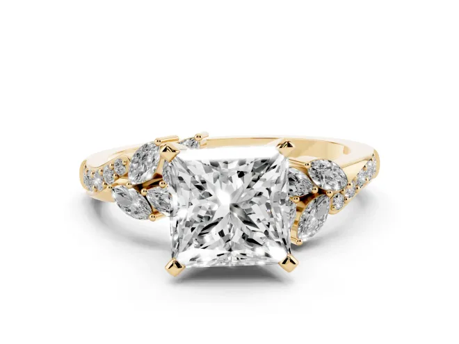 Princess Cut Floral Engagement Ring Setting | Marquise Side Stones | Yellow Gold