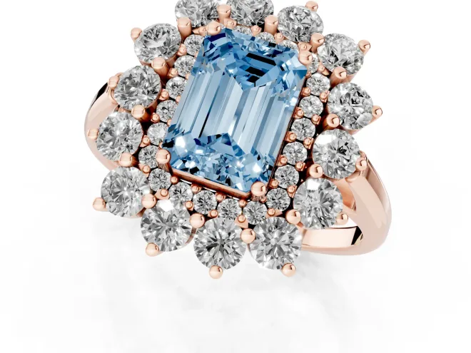 Fancy Blue Emerald Cut Diamond Floral Double Halo Ring Set in Rose gold with Round Petals – second view