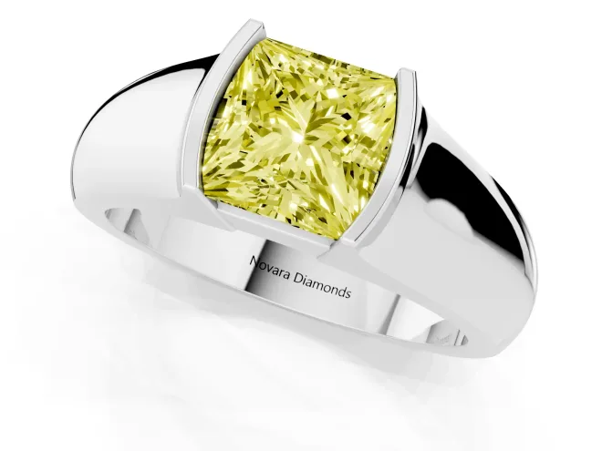 Fancy Yellow Princess Cut Diamond Bezel Solitaire Ring Set in White gold with Wide Band – second view