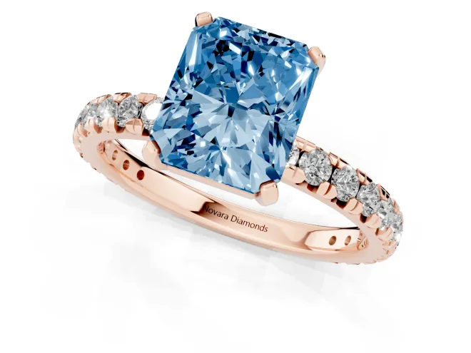 Fancy Blue Radiant Cut Diamond Pavé Solitaire Ring Set in Rose gold with Round Band and Prong Setting – second view