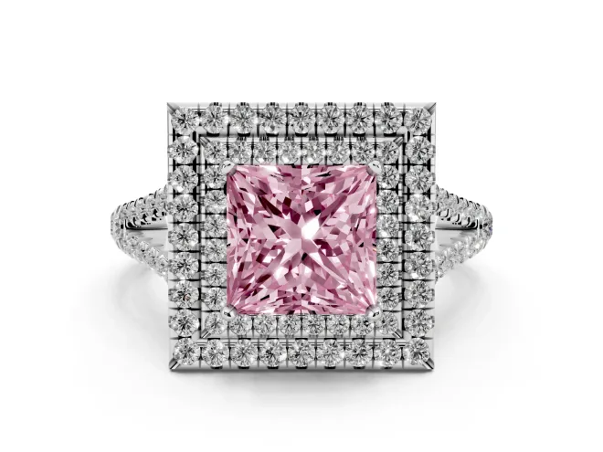 Fancy Pink Princess Cut Diamond Double Halo Ring Set in Platinum with Pavé Band