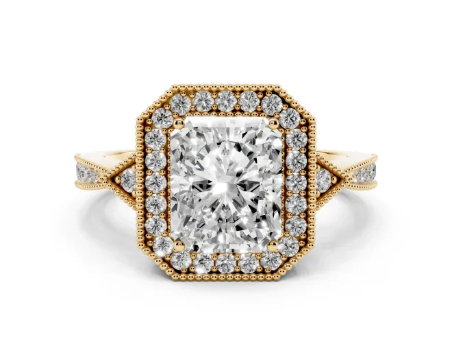 Radiant Cut Diamond Halo Engagement Ring Set in Yellow gold with Milgrain Pavé Band