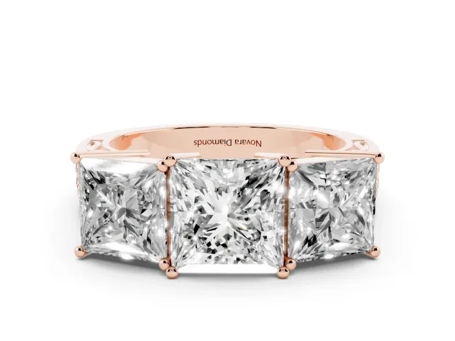 Princess Cut Three Stone Engagement Ring Setting | Beaded Shoulders | Rose Gold