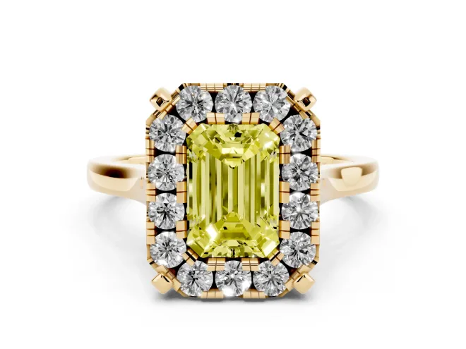 Emerald Cut Claw Corner Halo Engagement Ring Setting for a Fancy Yellow Lab-Grown Diamond | Plain Band | Yellow Gold