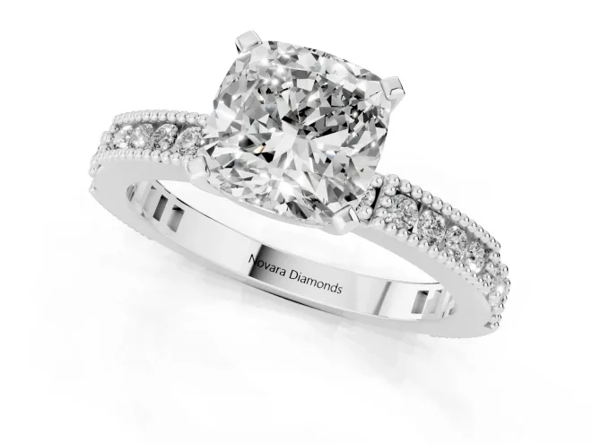 Cushion Cut Diamond Solitaire Ring Set in White gold with Slim Pavé Band and Prong Setting – second view