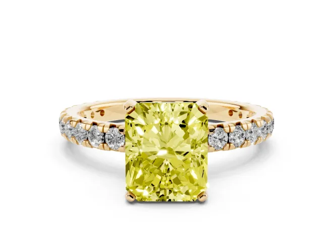 Fancy Yellow Radiant Cut Diamond Pavé Solitaire Ring Set in Yellow gold with Round Band and Prong Setting