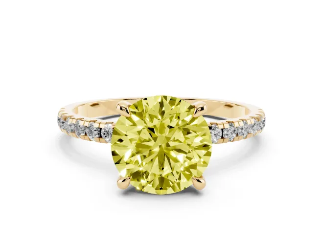 Fancy Yellow Round Cut Diamond Brilliant Solitaire Ring Set in Yellow gold with Pavé Band and Prong Setting