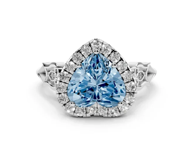 Fancy Blue Heart Cut Diamond Halo Engagement Ring Set in Platinum with Filigree Band and Prong-Set Center