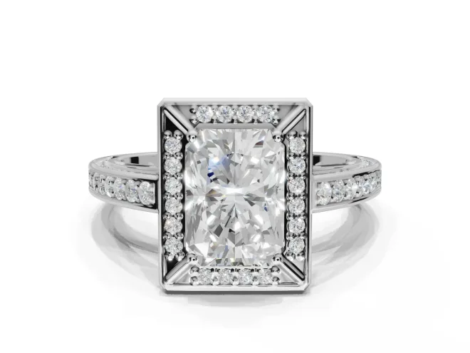 Radiant Cut Sectioned Halo Engagement Ring Setting | Pavé Gallery and Band | White Gold