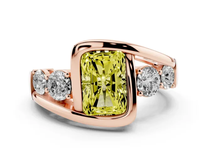 Fancy Yellow Radiant Cut Diamond Bezel Bypass Ring Set in Rose gold with Round Accents
