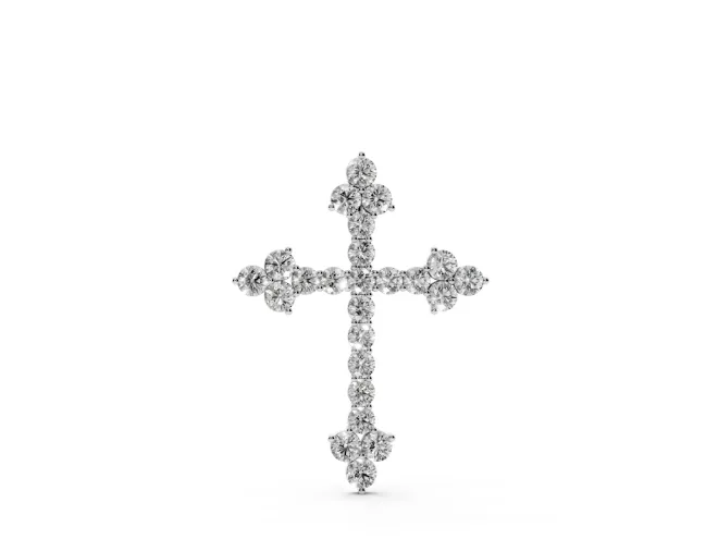 Round Lab-Grown Diamond Cross Pendant Necklace | Trefoil Tips | White Gold