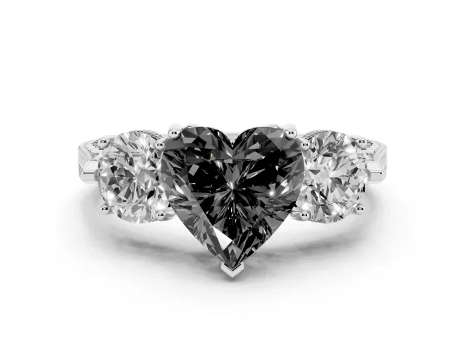 Fancy Black Heart Cut Diamond Three-Stone Ring Set in White gold with Milgrain Band