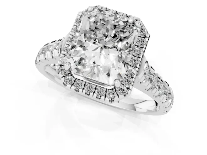 Radiant Cut Diamond Halo Engagement Ring Set in Silver with Pavé Band and Prong-Set Center – second view