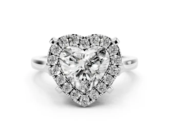 Heart Cut Diamond Cluster Halo Solitaire Ring Set in White gold with Prong Setting