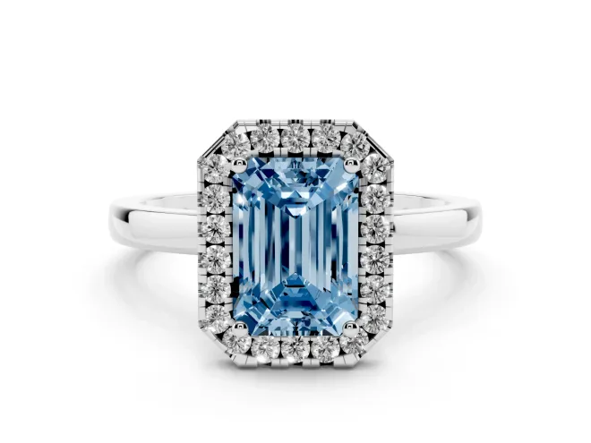 Fancy Blue Emerald Cut Diamond Halo Solitaire Ring Set in Platinum with Pavé Band and Prong Setting