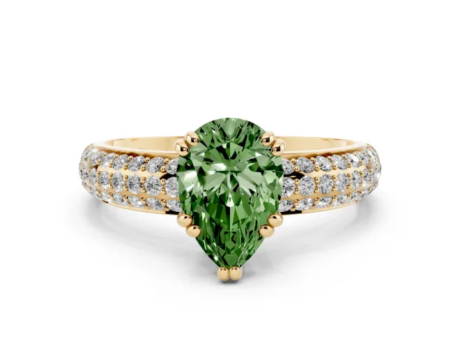 Pear-Shaped Three Row Pavé Engagement Ring Setting for a Fancy Green Lab-Grown Diamond | Yellow Gold
