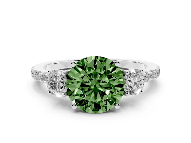 Fancy Green Round Cut Diamond Three-Stone Ring Set in Silver with Pavé Band and Graduated Sides