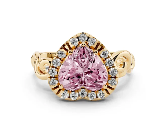 Heart-Shaped Filigree Halo Engagement Ring Setting for a Fancy Pink Lab-Grown Diamond | Yellow Gold