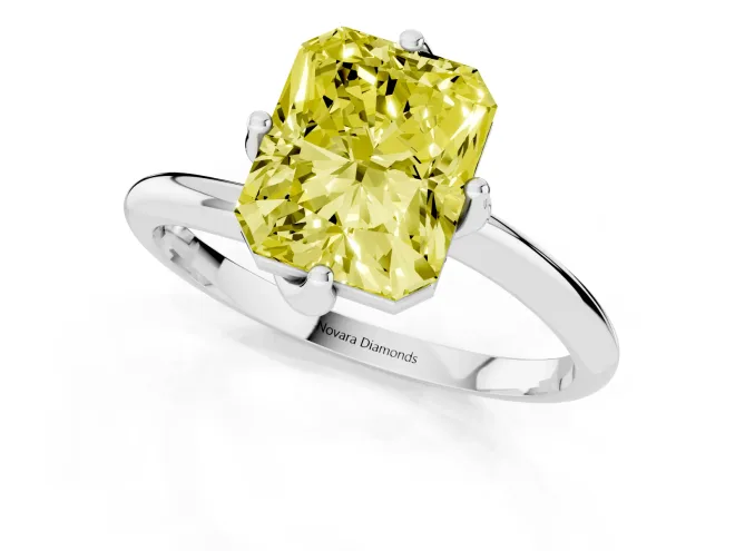 Fancy Yellow Radiant Cut Diamond Solitaire Engagement Ring Set in White gold with Classic Plain Band – second view