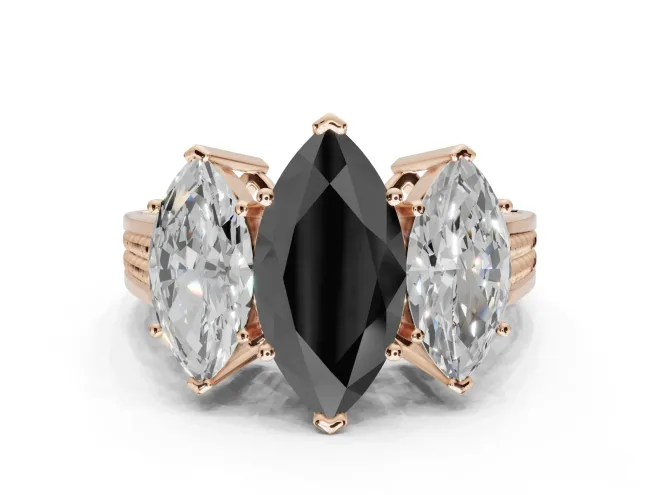 Fancy Black Marquise Lab-Grown Diamond Three-Stone Ring Set in Rose Gold with Textured Band