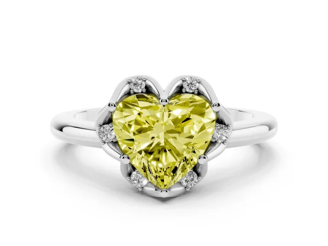 Fancy Yellow Heart Cut Diamond Round Cluster Halo Ring Set in Platinum with Solitaire Band and Prong Setting