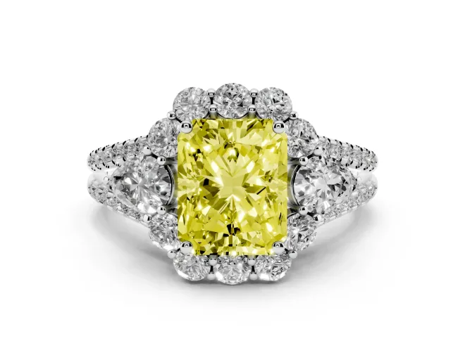 Radiant Cut Scalloped Halo Engagement Ring Setting for a Fancy Yellow Lab-Grown Diamond | Pear Side Stones | White Gold