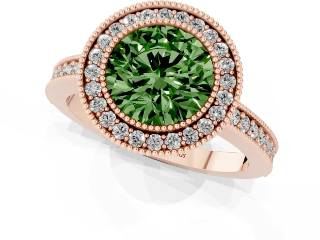 Fancy Green Round Cut Diamond Halo Engagement Ring Set in Rose gold with Pavé Band and Round Halo Stones – second view