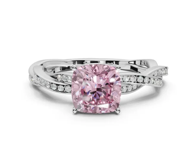 Cushion Cut Twisted Pavé Solitaire Engagement Ring Setting for a Fancy Pink Lab-Grown Diamond | Open Basket | White Gold