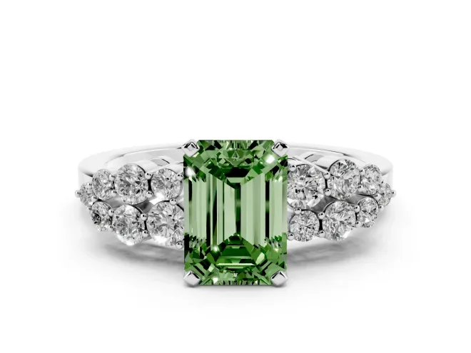 Emerald Cut Side Stone Engagement Ring Setting for a Fancy Green Lab-Grown Diamond | Shoulder Clusters | White Gold