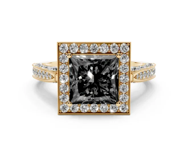 Princess Cut Milgrain Halo Engagement Ring Setting for a Black Center | Side Stones | Yellow Gold