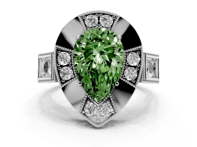 Pear-Shaped Milgrain Sectioned Halo Engagement Ring Setting for a Fancy Green Lab-Grown Diamond | Sterling Silver