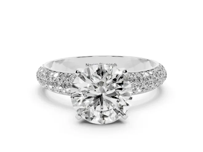 Round Cut Diamond Solitaire Ring Set in White gold with Prong Setting and Pavé-Set Band